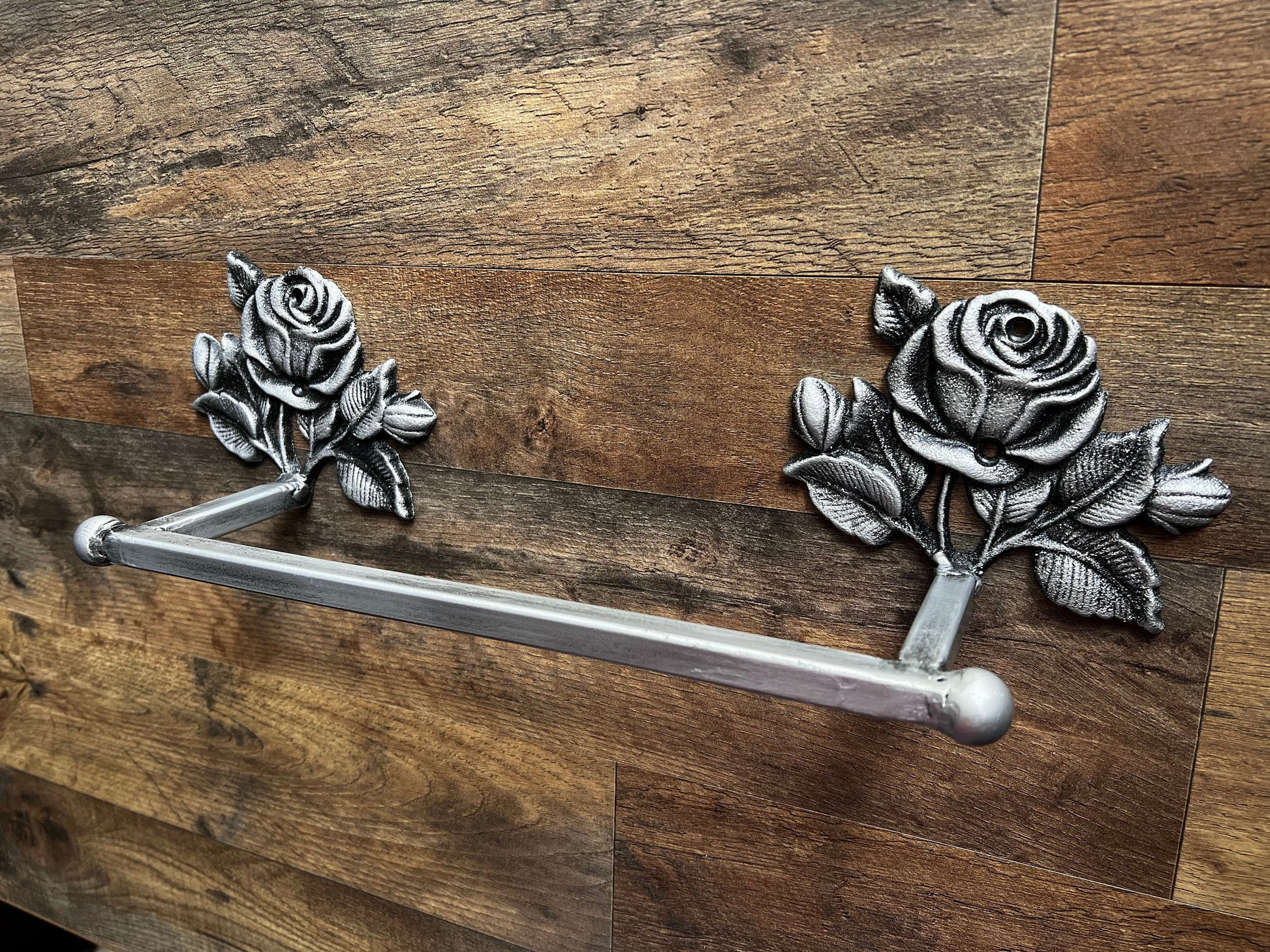 Metal Towel Bar with rose medallions. Bathroom fixture, hand painted and handmade. Iron Bath towel bar.