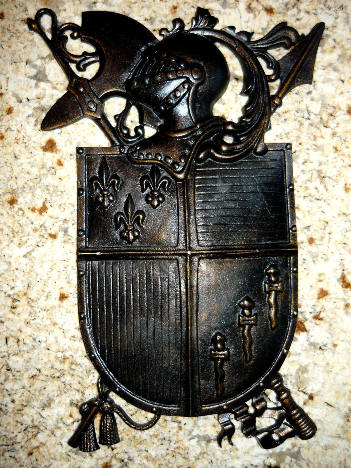 Shield Medieval Wall Decor - PICK YOUR COLOR -  Old World /  Fleur de Lis /  Iron Knight Coat of Arms / Office decor, Boss Gift