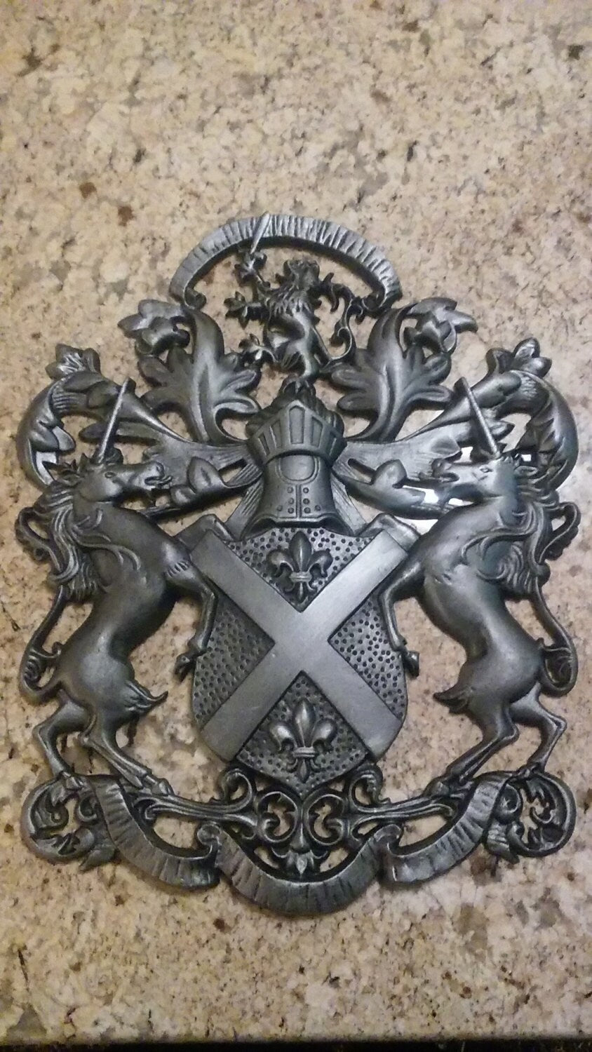 Coat of Arms Wall Plaque Family Crest Design Heraldry | PICK YOUR COLOR | Shield Wall Decor Metal Art Unicorn Lion Fleur de Lis Coat of Arms