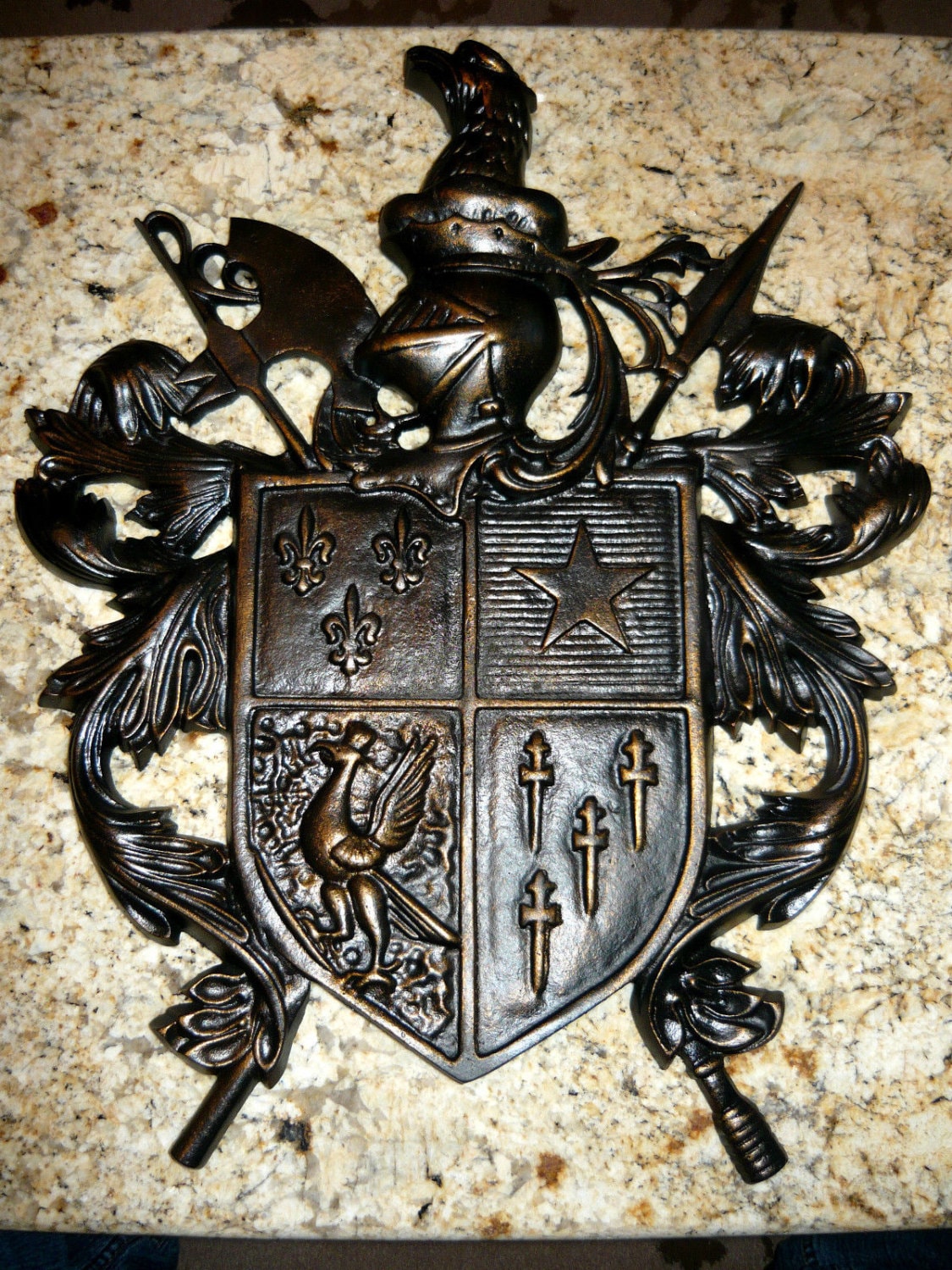 Coat of Arms Wall Plaque Medieval Shield | PICK YOUR COLOR | Knight Helmet Medieval Decor Old World Decor Tuscan Wall Decor | Fleur De Lis